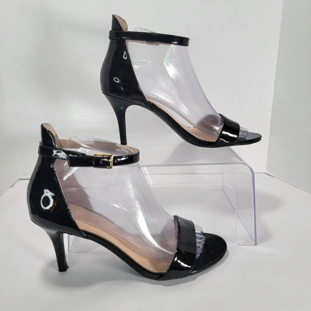 BP. Womens 7.5 Black Patent Leather High Heels Minimal Sexy Ankle Strap Simple